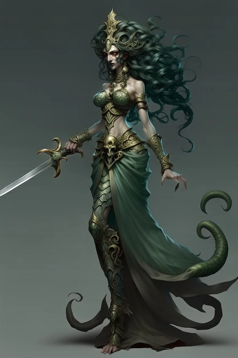 full-length persona, detailed, sword in hand, gorgon medusa