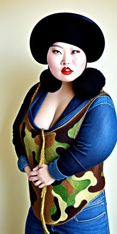 Lively fat Asian woman black hair. thick thigh, thick calves. Style: Haute Couture, 1920's, late nineties, street style.Mantle is sewed of recycled Denim and sewed together of camouflage pieces.Big headphones, with gold rings, is merged with small felt cap with small visor. A bag is integrated to the mantle. Patterns are composed of orange, cream, blue, lilac and purple. blue latex somewhere. It is with big bright purple felt tippet and cream-colored-hood. mantle is merged with tippet.