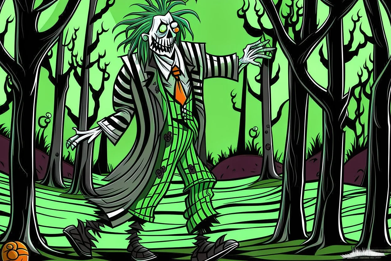 Halloween Beetlejuice style in color in the graveyard dancing