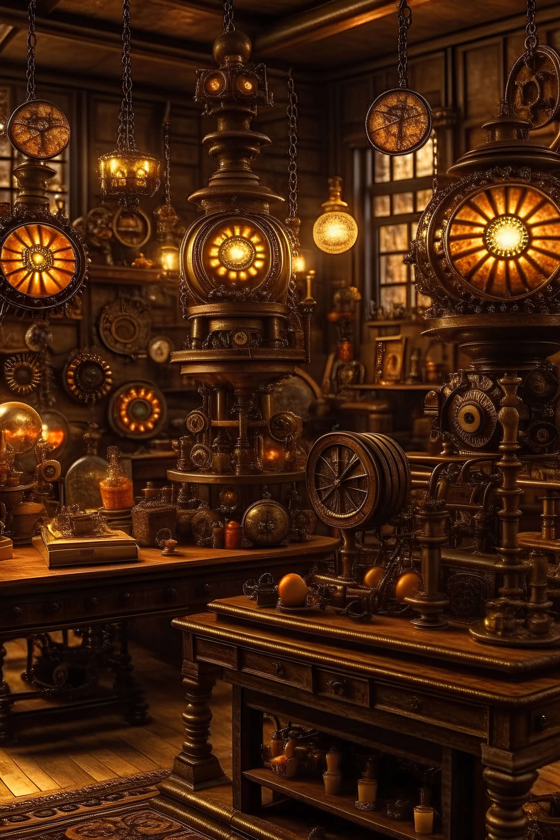 Blend steampunk aesthetics with Halloween themes, showcasing clockwork pumpkins, mechanical spiders, and Victorian-dressed characters in a spooky industrial setting.