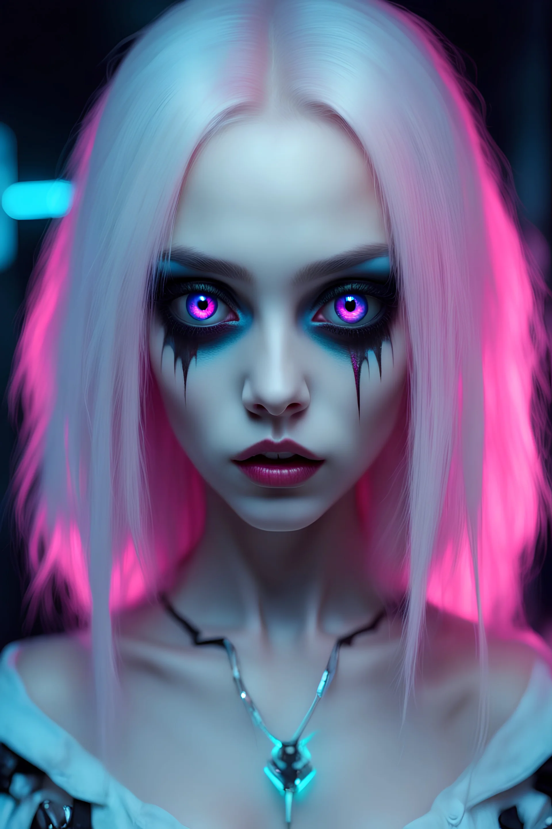Cute sexy vampire email albino detailed large eyes with neon fluorescent colored eyes pink and blue, 8k, finely detailed, dark light, photo realistic, cyberpunk gothic emo girl ,award-winningorror, nightmare, insane graphics, perfect lighting in shadow