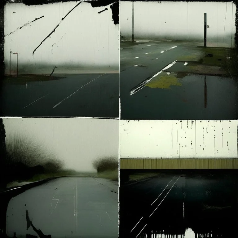 Minimal abstract oil paintings desolate 1960s carpark concrete fragments in a rain storm. style of Justin Mortimer and Francis Bacon. road markings.