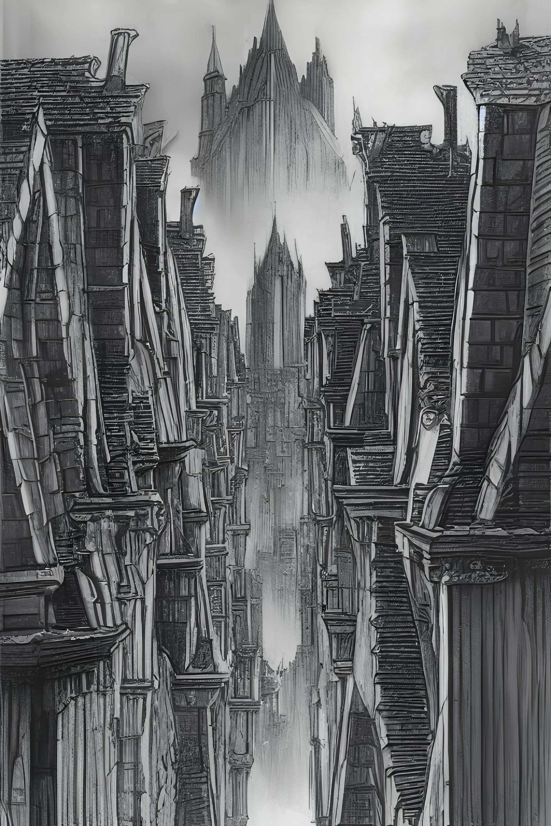Sketchdrawing of old roofs of Arkham with gargoyles by Alan Lee