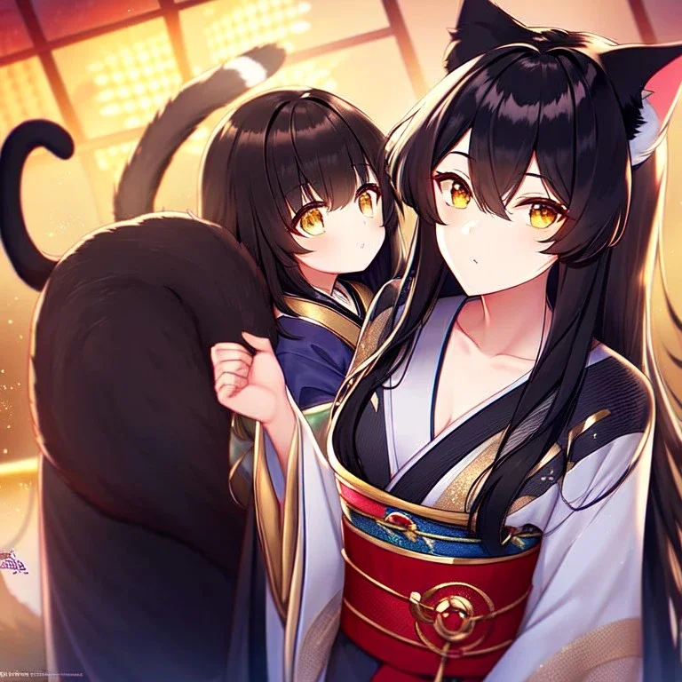 cat girl, masterpiece, best quality, volumetric lighting, detailed outfit, perfect eyes, black hair, golden eyes, long hair, tail, kimono,