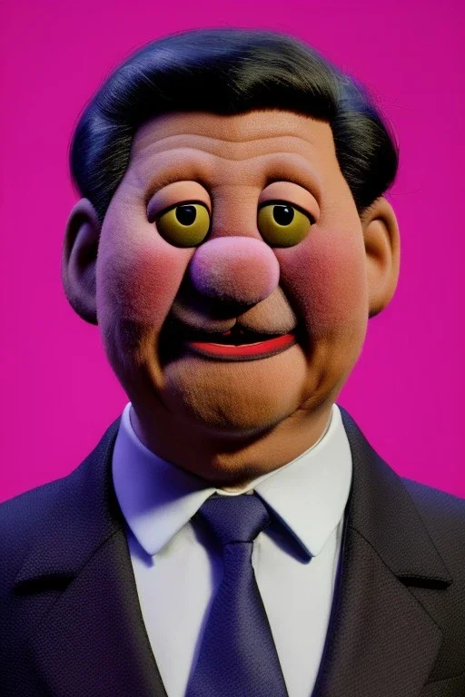 Waist up muppet Portrait, Xi Jinping as muppet doll, black suit and red tie, photo studio, blue background, unreal engine 5, concept art, art station, god lights, ray tracing, RTX, lumen lighting, ultra detail, volumetric lighting, 3d.