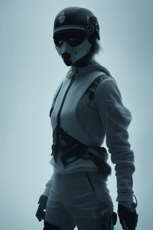 All Black AnnaSophia Robb soldier, ghost, wearing high tech mask, white smoke, dark, rage, sorrow, high definition, ultra 8 k, volumetric lighting, blue fire, fog