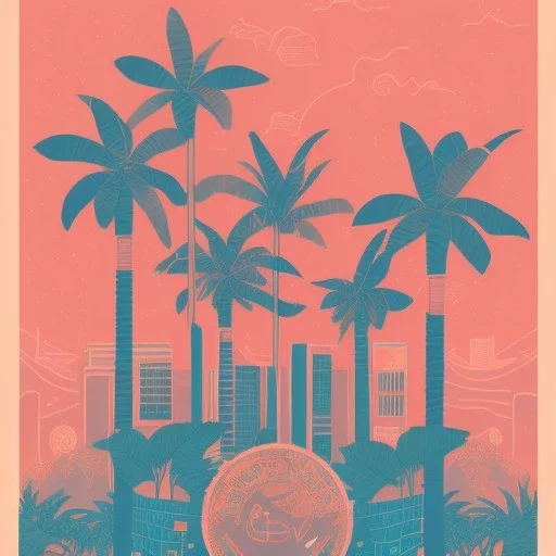 tropical city, latino, plants, streets, risograph poster, flat design, 2 colors