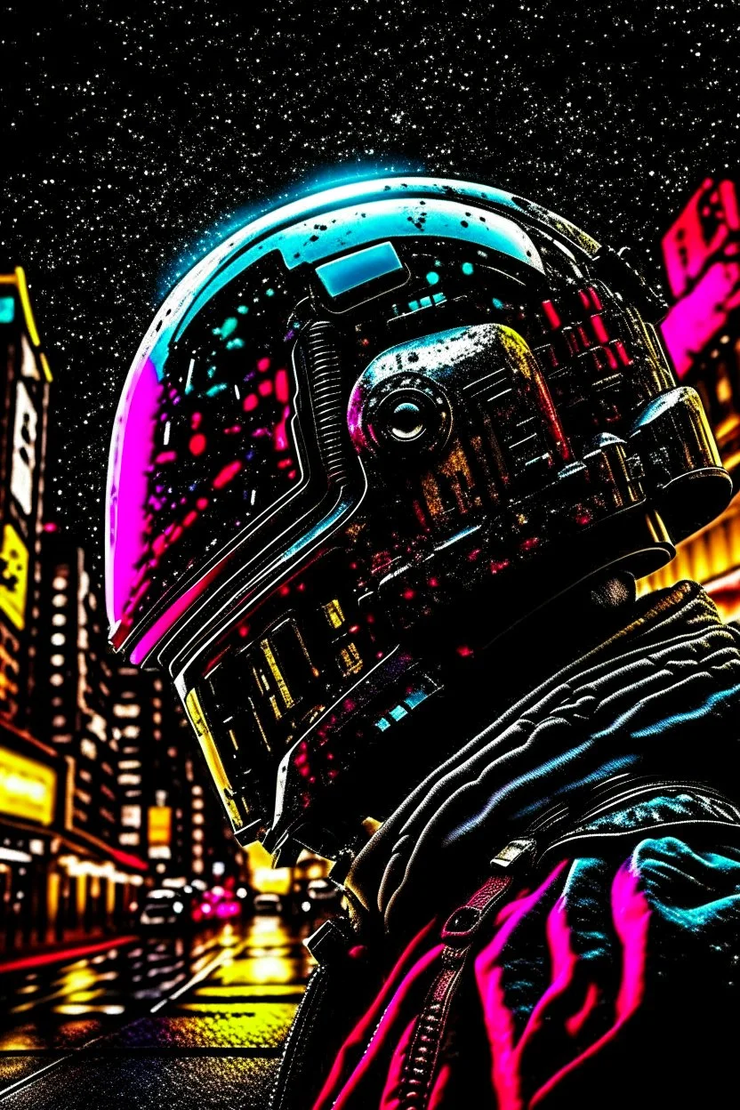 The helmet of a boba fet, in the reflection of which you can see a bat that is close to him and is about to hit and the bright colors of a busy city::3 chromatic::1.8 comicbook::2.4 dark matter::1.4 dna::1.5 dripping paint::1.5 ultra wide angle lens::2.4 cymk::1.3 gray::3.4 grayscale color::1.9 indigo::1.6 matte black color::2.1 neon blue color::2 neon orange color::2.2 rgb::3.2 --quality 1