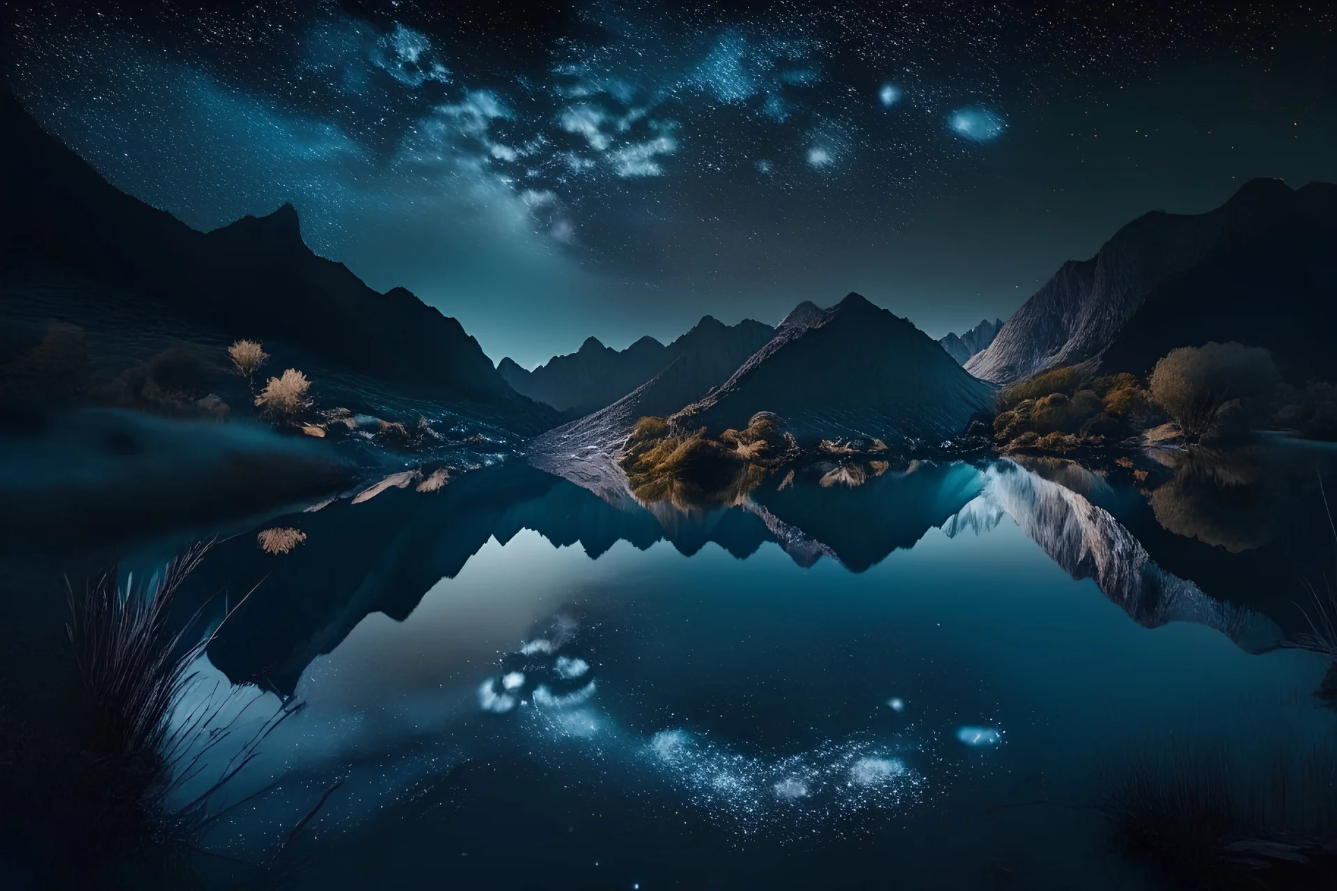 A serene, moonlit valley with a mirror-like lake reflecting the night sky, revealing the beauty of the cosmos above and the tranquility of nature below.