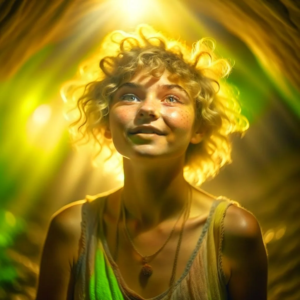 portrait of hippie pixie howering in the underground grove sparkling light dust, in the style of dali, 8k, down-light, soft light, depth of field, photo realism, trending on art station, high detail, smoke and fog