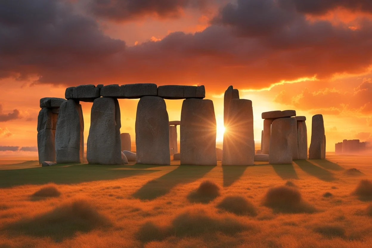 Stonehenge in the process of being erected by a herd of massive elephants, muscular trunks expertly maneuvering the colossal stones into place under a dramatic sunset sky, Stonehenge in background, brilliant orange hues of dwindling day, breath-taking natural light, masterful octane rendering, highly detailed, cinematic, 3D realism