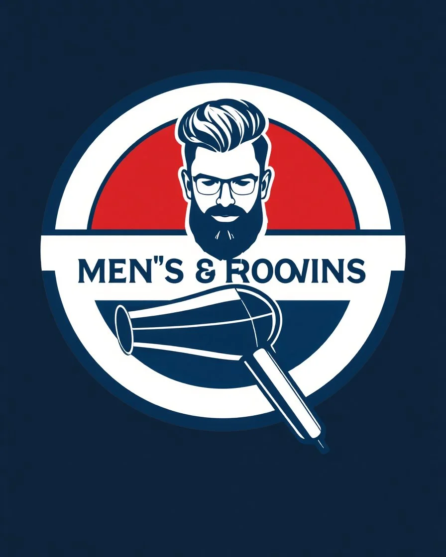 A round logo for a men's grooming salon with a groom vector at the top of the logo and a hair dryer vector logo at the bottom in a blue, red, white, and gold color theme.