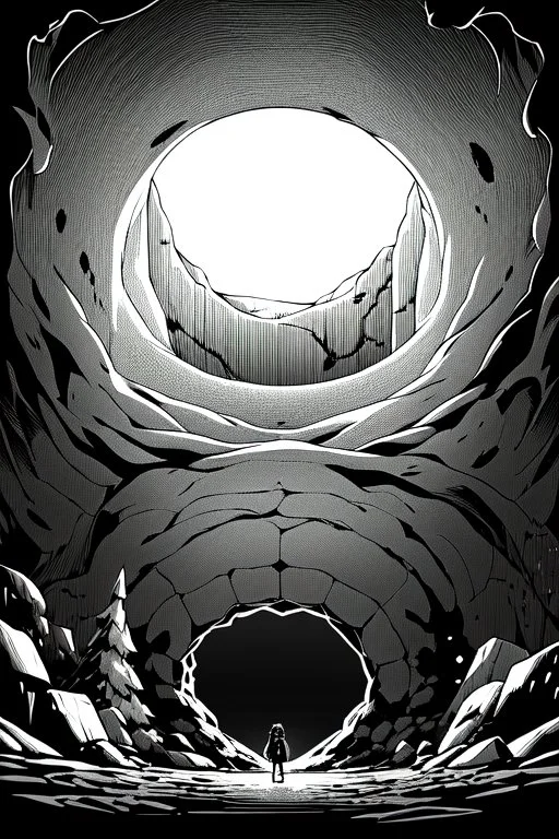 A black heart in the center of an immense cave., greyscale