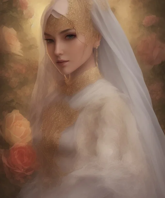 Muslim, veil head Princess, covered chest, long hairs black eyes no top with roses, 8k resolution