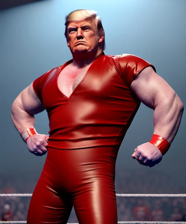 Wrestler Donald trump, wrestling, red breeches, suspenders, retro style, 80s, hot ambient, photo studio, vibrant color, gradient, highly detailed, art stations, concept art, smooth, unreal engine 5, god rays, ray tracing, RTX, lumen lighting, ultra detail, volumetric lighting, 3d, finely drawn, high definition, high resolution.