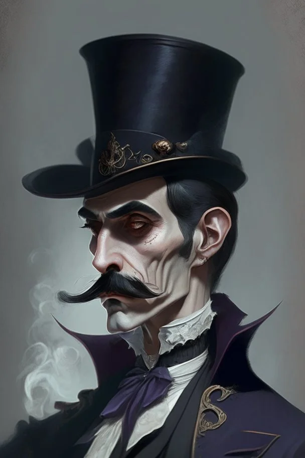 Strahd von Zarovich with a handlebar mustache wearing a top hat thinking deeply