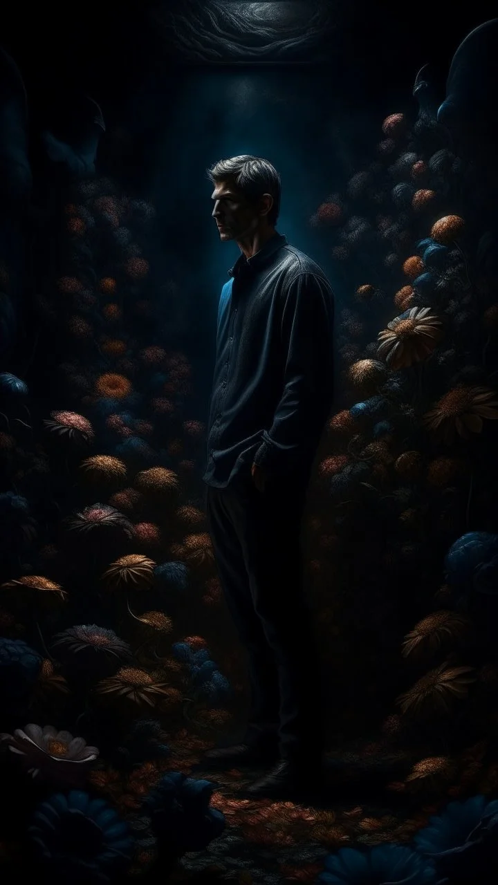 Bosch nightmares paining style Title:a man standing up n the dark color flowers 8k artistic photography, photorealistic concept art, soft natural volumetric cinematic perfect light, chiaroscuro, award-winning photograph, masterpiece, oil on canvas, Raphael, Caravaggio, Greg Rutkowski, people, beksinski, Giger