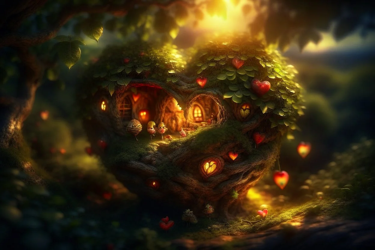 Loveheart-shaped_tree, fairies_living_freely_inside_the_tree's_heart, small _fairy_village_lit_by_fireflies, insanely_detailed, photorealistic, beautiful_light_and_shadows, peaceful, a_magical_fairytale Modifiers: Nikon D850 digital painting elegant dof extremely detailed Award winning photography fantasy studio lighting intricate 8k oil on canvas cinematic lighting photorealistic dynamic lighting award winning fantastic view close up hyperrealistic ultra detailed 4K 3D crisp quality Unreal Engi