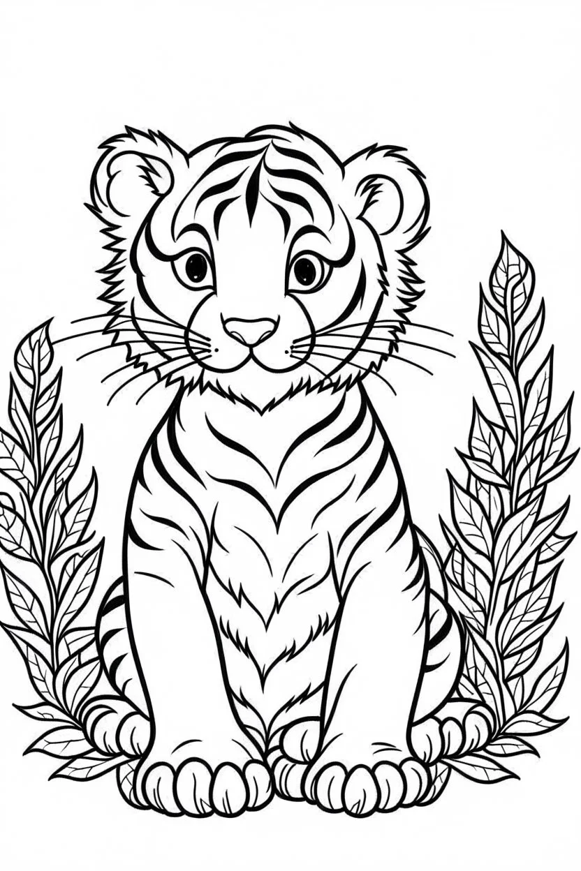 cute coloring page, sketch style, cute baby tiger in the jungle, cute cartoon, white and black, withe background, no shadows, outline.