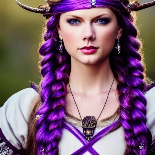 viking queen with purple armor, delicate purple braided hair, white flowing dress, highly detailed, 8k, ambient light, taylor swift