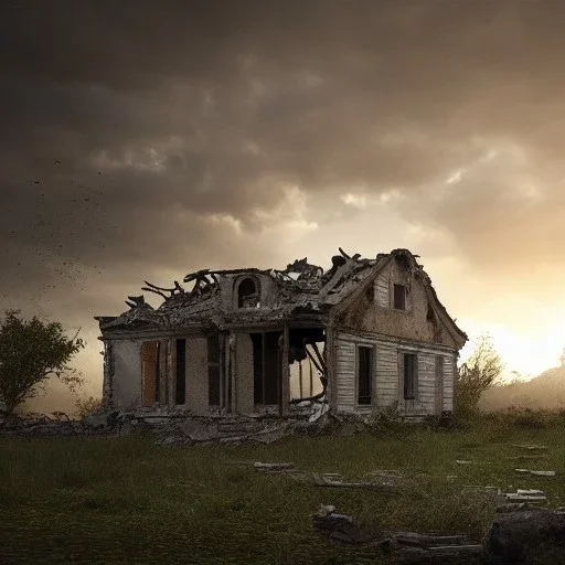 a ruined house all crumbled , dramatic, dramatic lighting, volumetric lighting, hyperrealism, 8k, high quality, photorealistic, lot of details