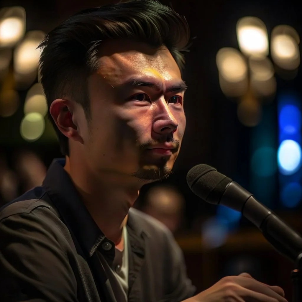 Christer Chao Solvang, young dark and handsome, with thick hairy eyebrows, directing a debate, photo-realistic, shot on Hasselblad h6d-400c, zeiss prime lens, bokeh like f/0.8, tilt-shift lens 8k, high detail, smooth render, down-light, unreal engine, downlight, prize winning