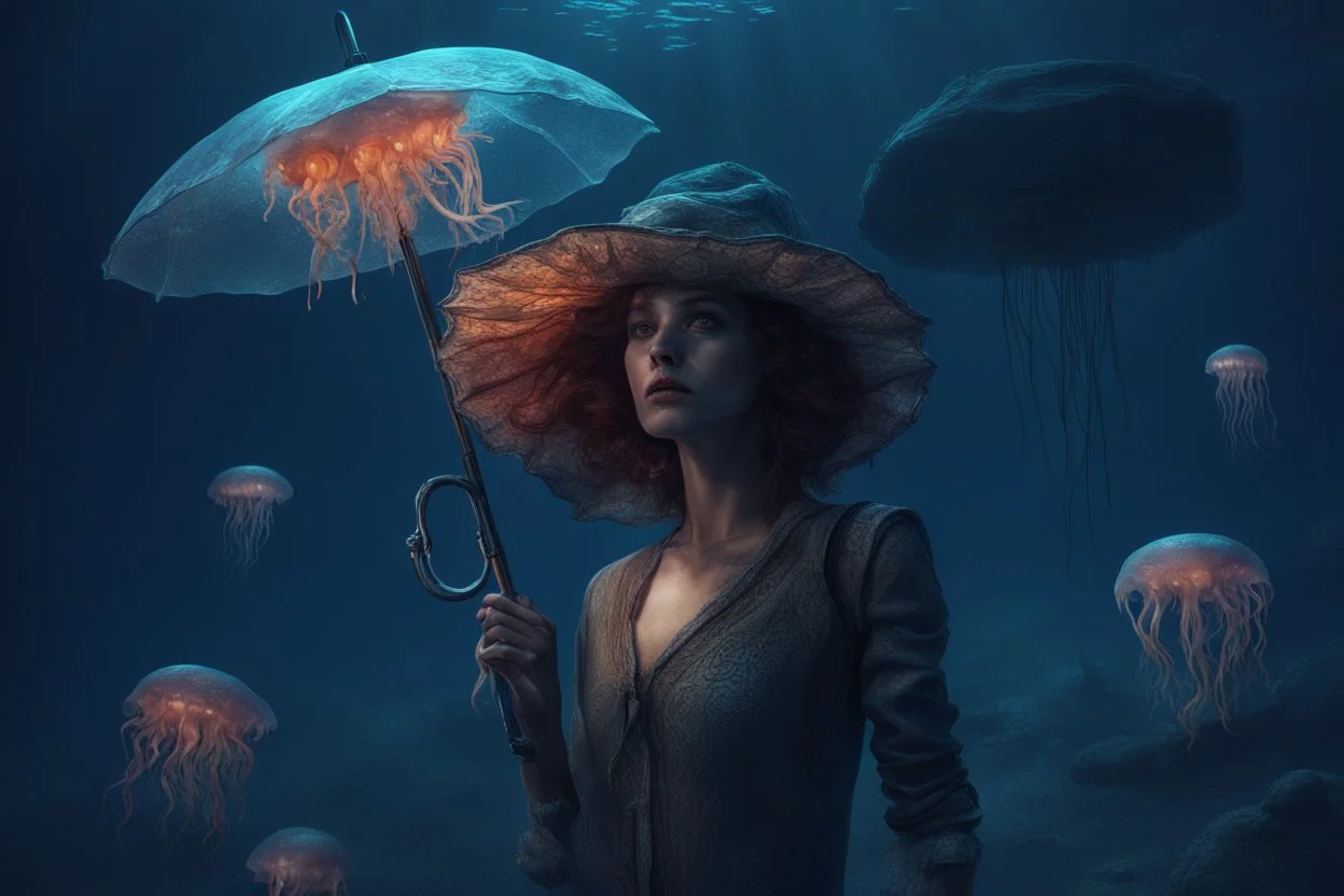 tall slim woman in ragged, torn clothing, in an underwater scene, holding an umbrella made from a jellyfish, detailed matte painting, deep colour, fantastical, intricate detail, complementary colours, fantasy concept art, 8k resolution, Unreal Engine 5