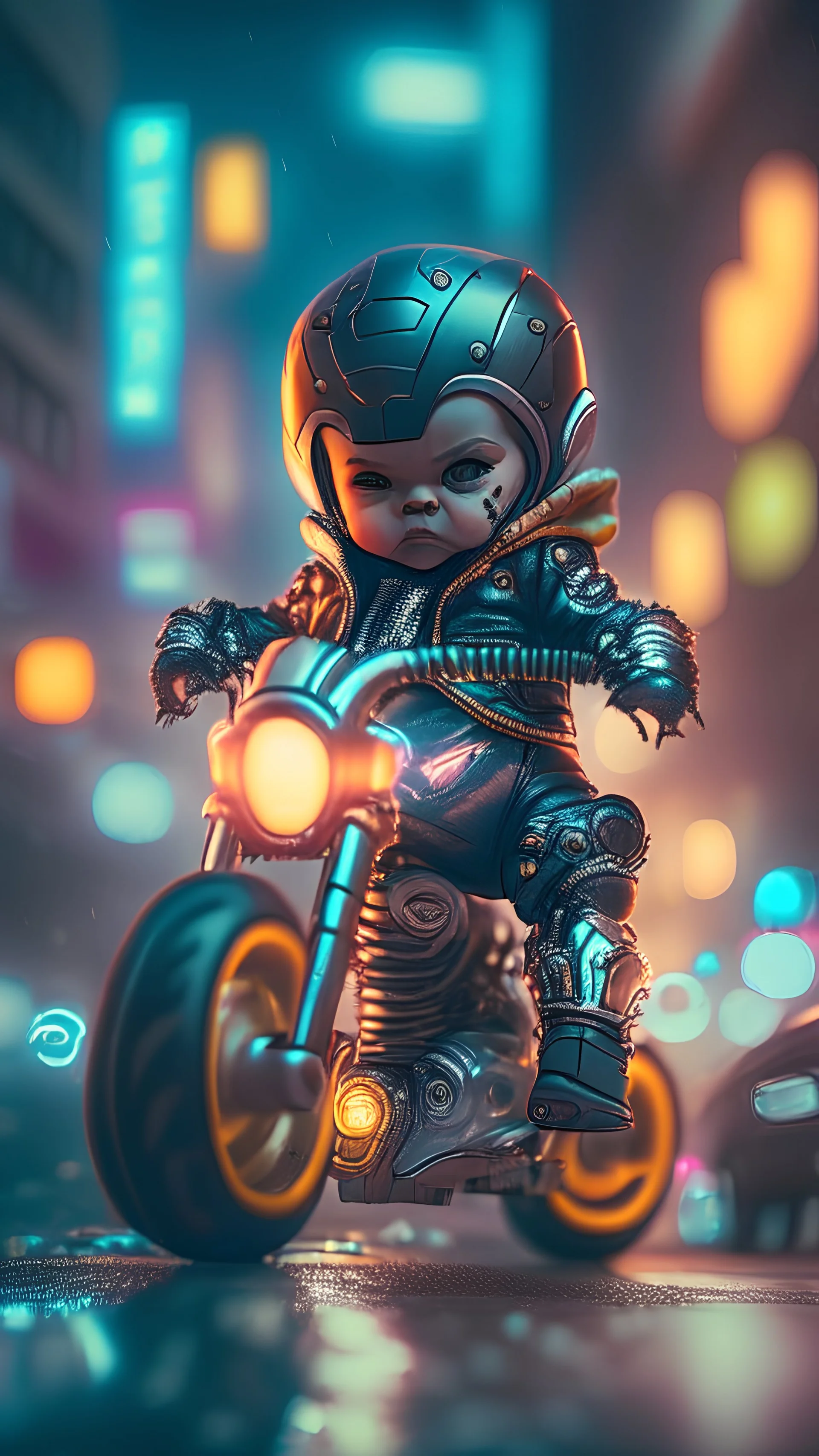 A Sharp Kawaii tiny hyper realistic baby ironman riding mini harley davidson, wearing bikers clothes with freestyle action, night of cyberpunk city background. wide angle full body, 8k, Cinematography, photorealistic,epic composition Unreal Engine,Cinematic, Color Grading, Portrait Photography,Ultra-Wide Angle, Depth of Field, hyper detailed