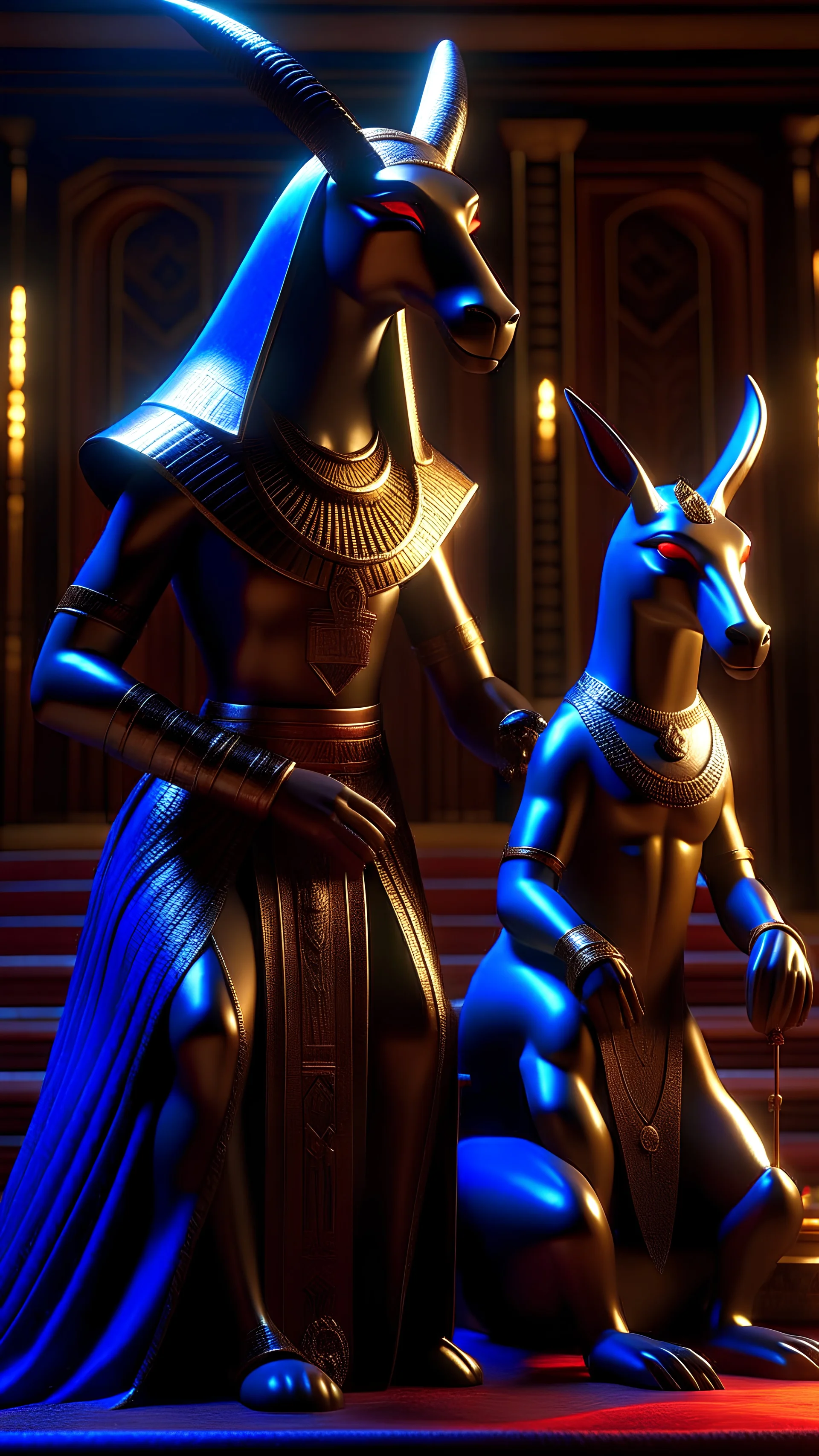 Egyptian gods Horus and Anubis, light, intricate, elegant, volumetric lighting, digital painting, highly detailed, artstation, sharp focus, illustration, (intricate details), elegant, wise, beautiful, cinematic lighting [cgi, 3d, doll, octane, render]