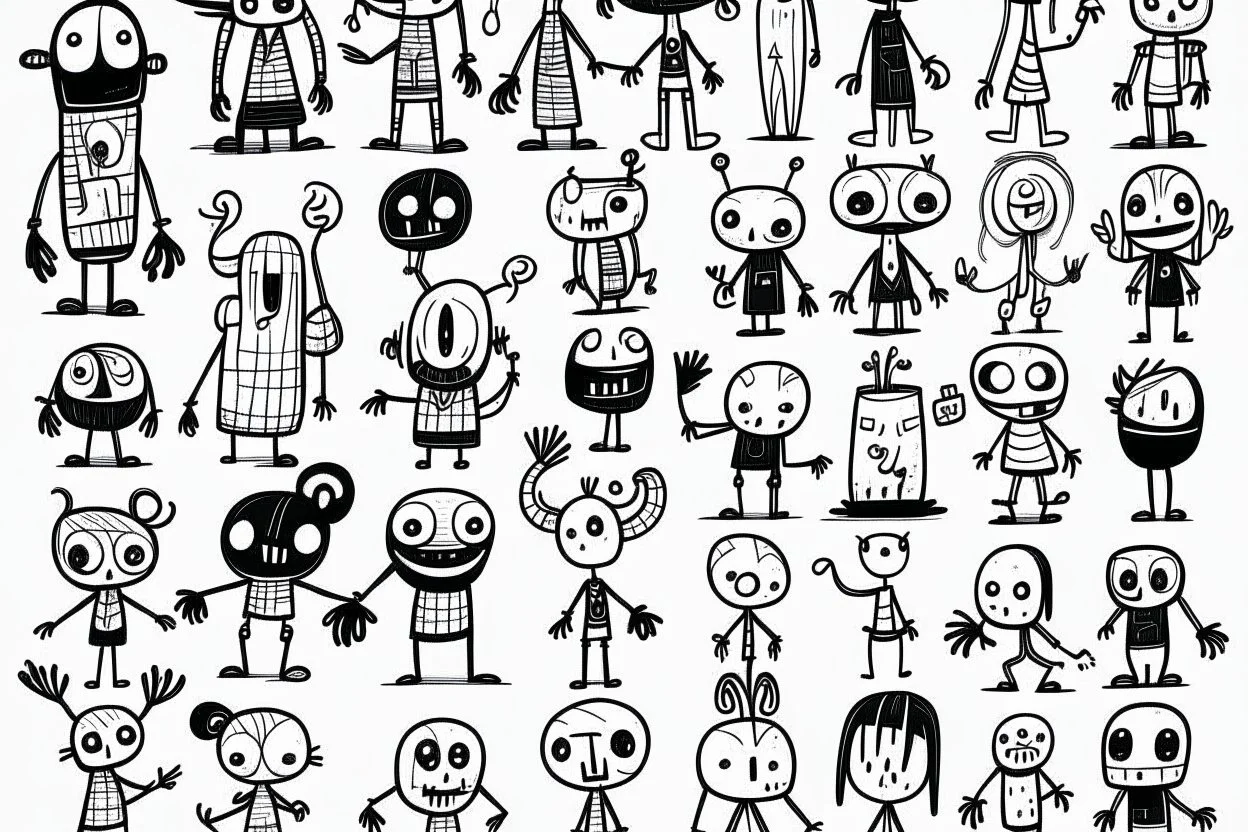 make a bunch of simple hand-drawn spooky and cute cartoon characters with bodies arms, and legs I could draw and make them all different