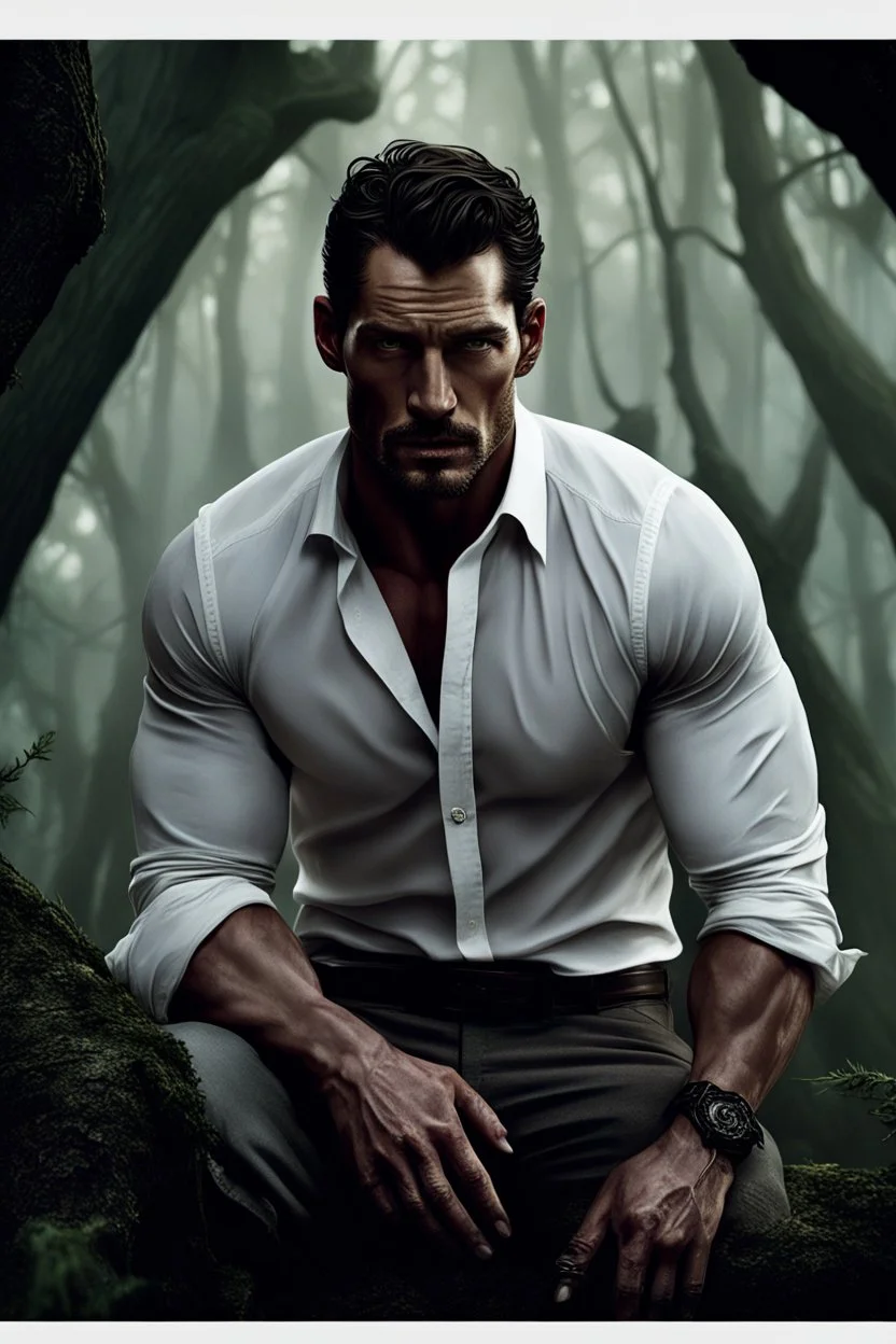 Portait David Gandy as fantasy alpha male very muscular short cropped hair and rough beard, tribal tattoos wearing white button up shirt with rolled up sleeves realistic face, close-up, dark fantasy, fantasy forest, intricate details, hyper detailed, photograph