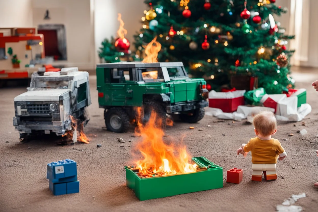 A crying toddler takes a burning car out of a LEGO box marked Land Rover next to the Christmas tree.