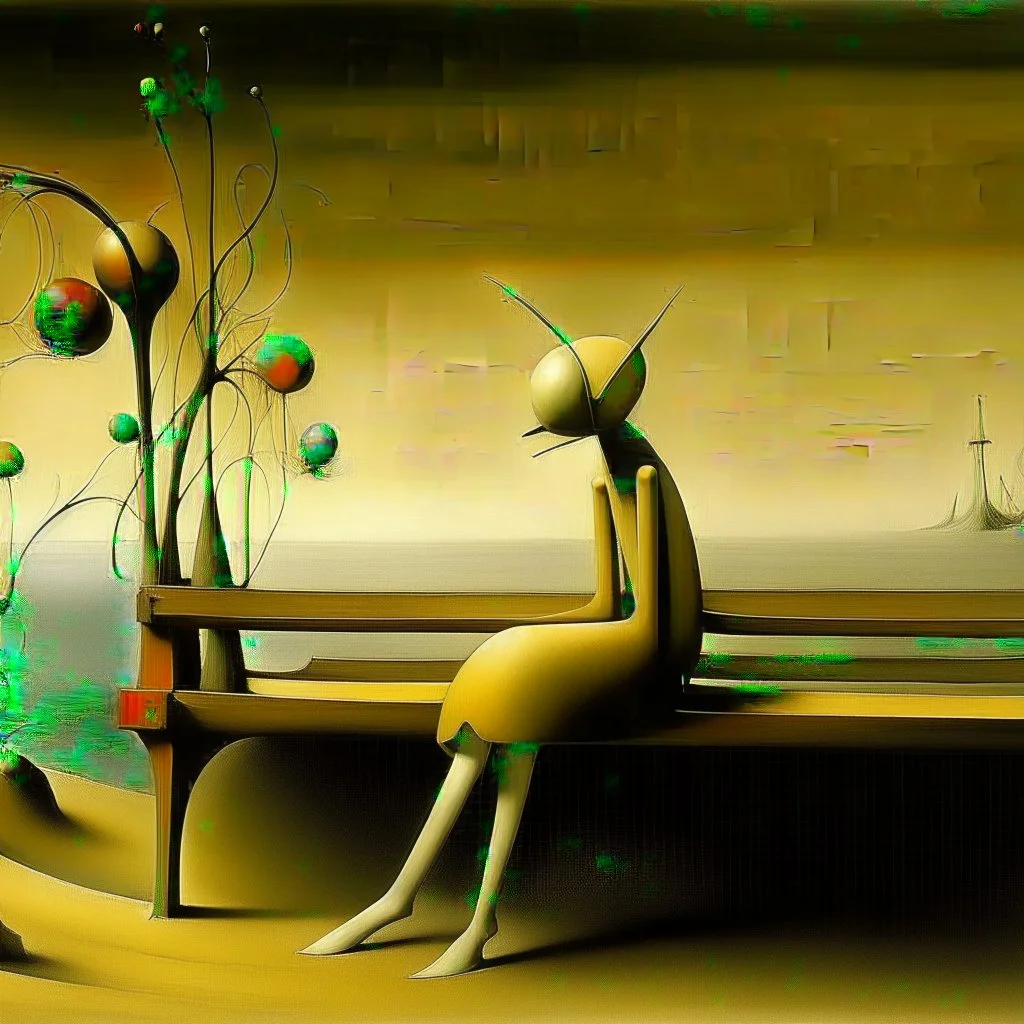 girl sitting on a bench. Yves Tanguy