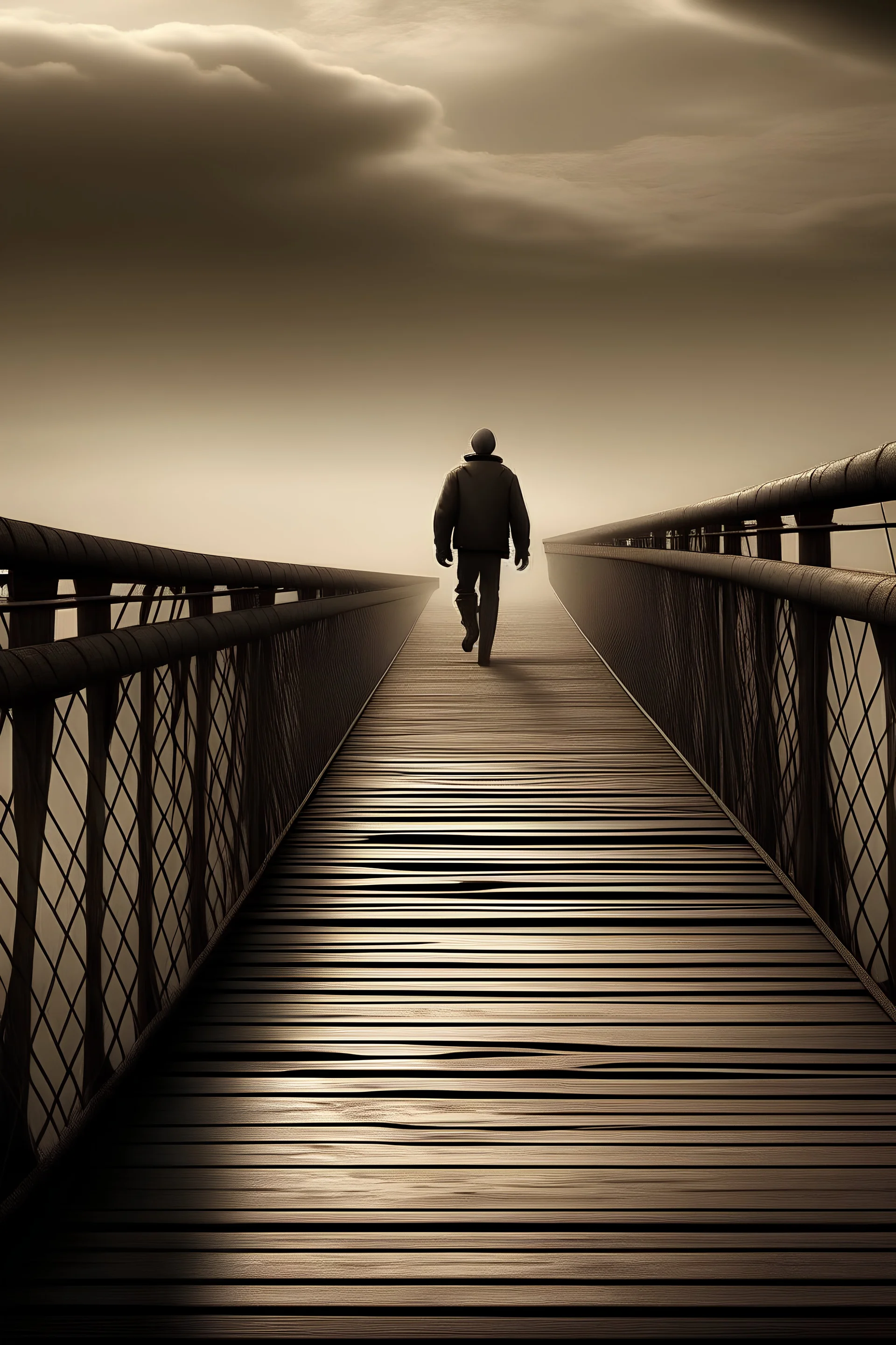 Imagen de un hombre cruzando un puente para encontrarse con otros seres desde el amor, en un tiempo sin tiempo.