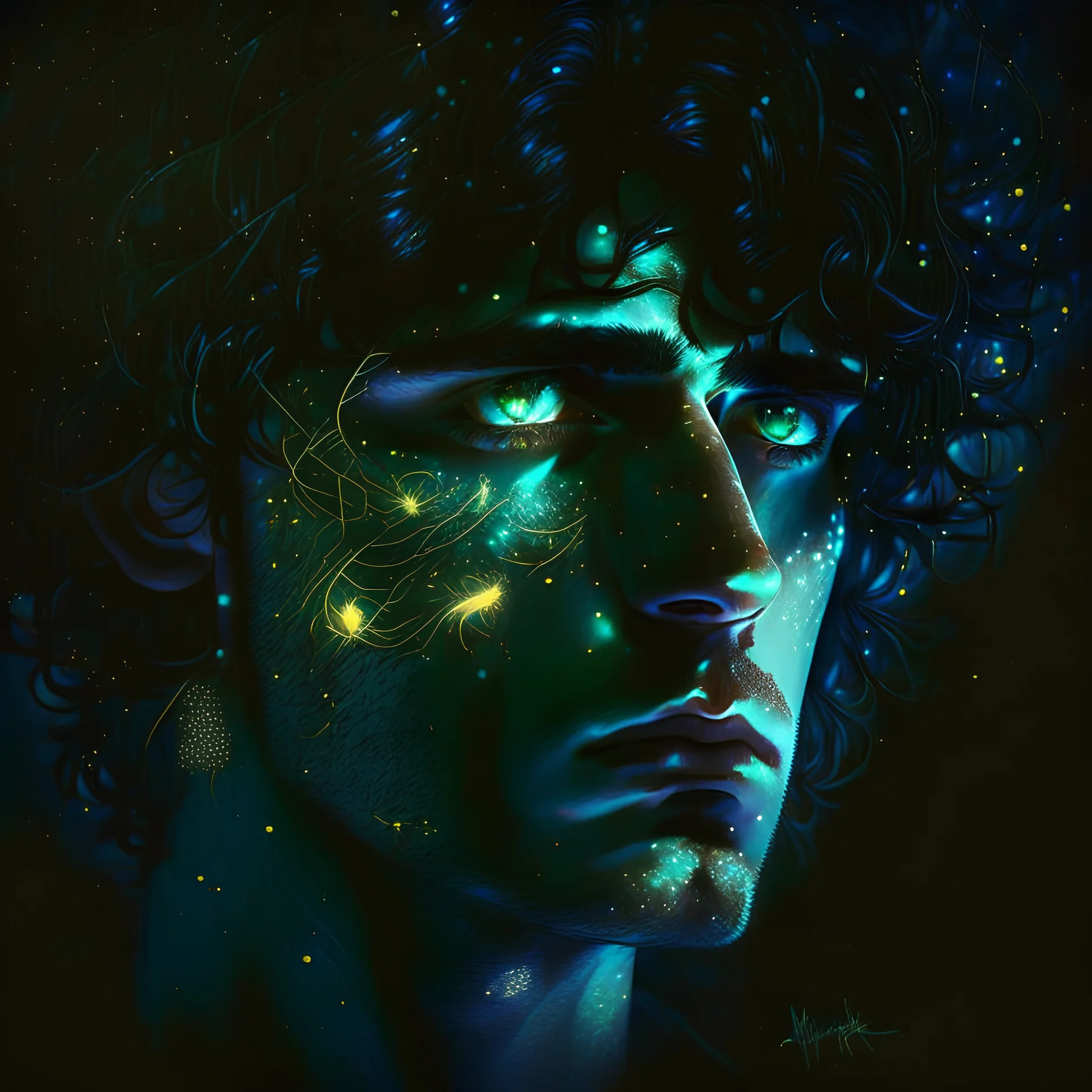 a man with green eyes and black cwavy hair deep in thought staring into the darkness, golden strings, dark blue glowing light, dark, stars, sparkle