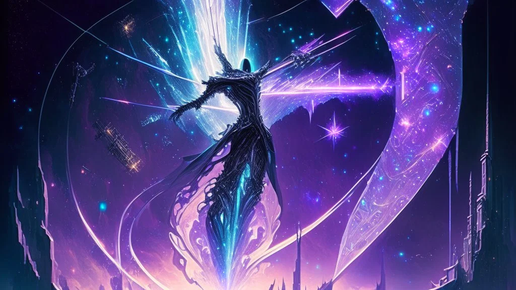 It is a paradox of delicate fantasy and formidable technology, its silhouette pulsing with extraordinary power yet draped with cosmic elegance. Capture this enigma, this tamer of untamed galaxies, through the prism of Matthews' fantastical style."