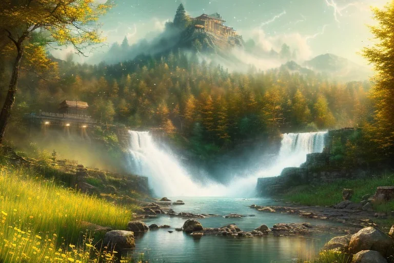 golden waterfall falling from clouds into meadow,epic, hyper detailed, digital painting, elegant, centered, detailed, neon signs, 8k, shining, heaven, many happy people, dampf,