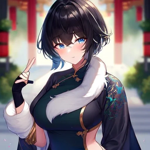 Clear focus,High resolution, Black short fluffy hair, and blue eyes, wearing a Chinese Traditional outfit dark green with black, Blushing, Hand up, white fur around her neck