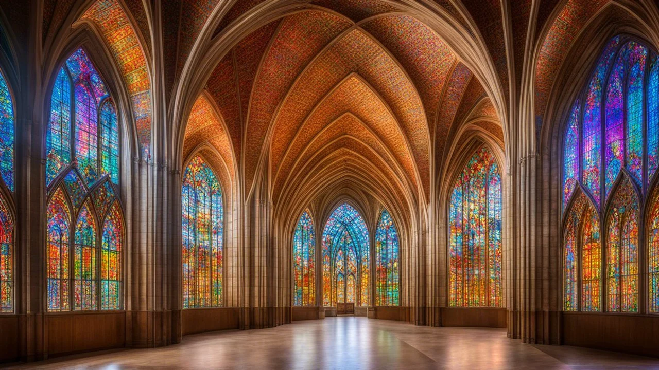 A majestic cathedral with towering hyperbolic arches defining the structure. The roof and walls curve inward and outward in perfect harmony, creating a fluid, wave-like design. The arches are lined with intricate stained glass windows that cast colorful light through the building, adding a sense of ethereal beauty. Award-winning photograph.