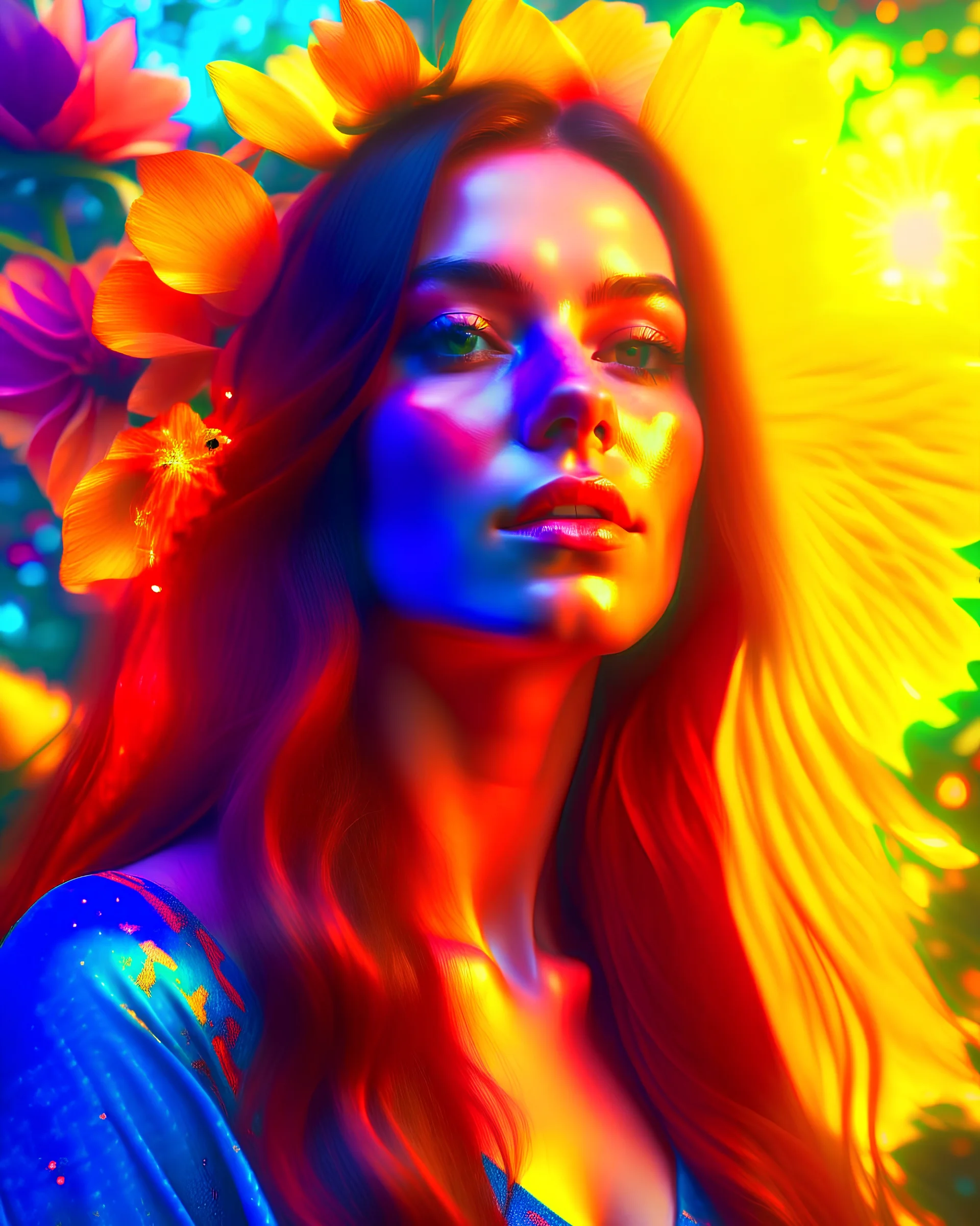 masterpiece, iridescent, ebony female with long hair surrounded by flowers, hyper realism, 8k, ultra detailed, photorealistic, ultra realistic, cinematic lighting, glowing, sun in background