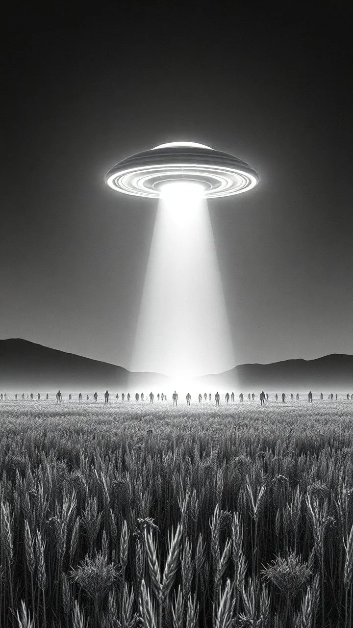 A field filled with aliens in a bright light at the end of the picture a ufo object , cinematic, 8k, in black and white, fine line draw