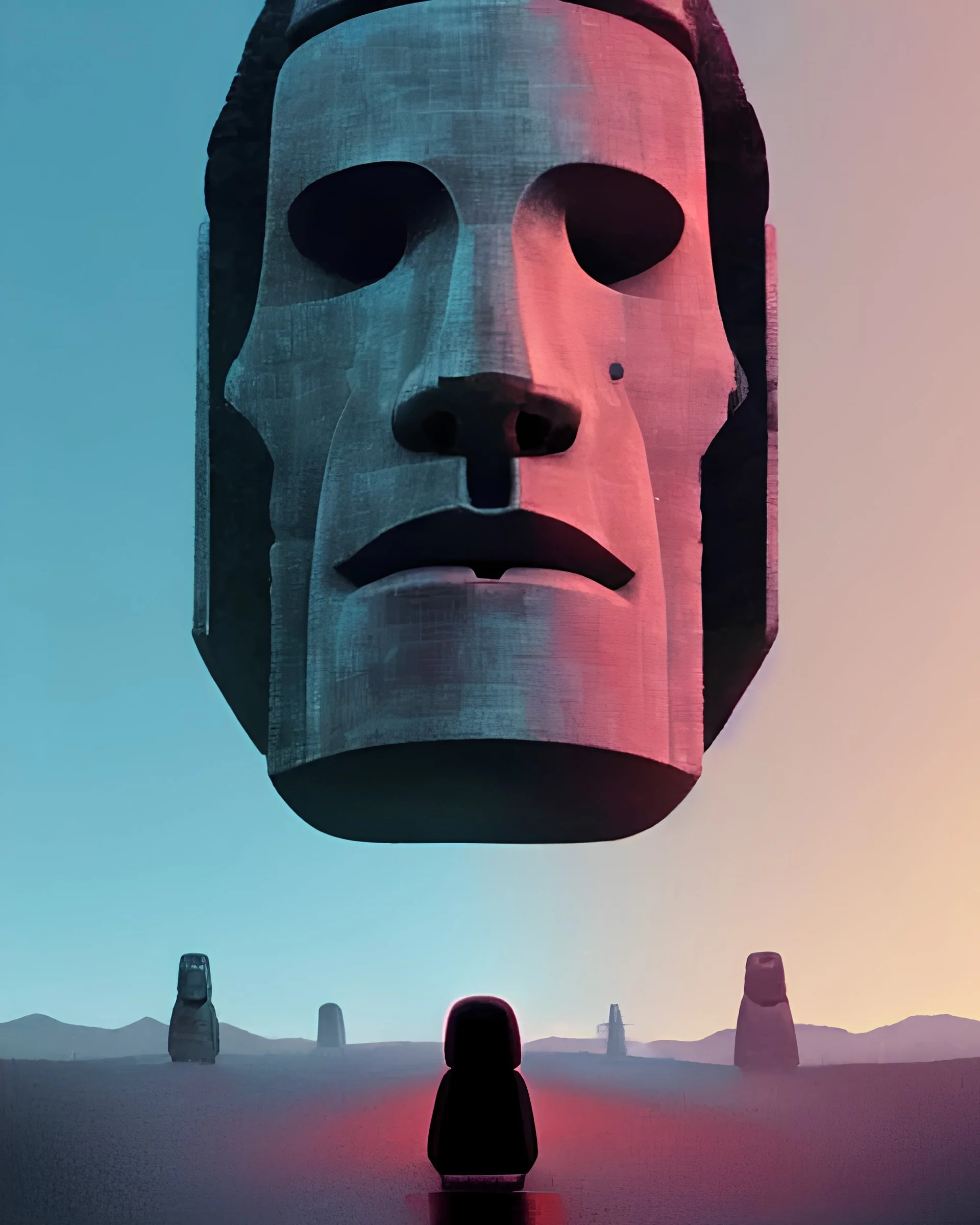 portrait of moai as a cyborg. intricate abstract. intricate artwork. by tooth wu, wlop, beeple, dan mumford. mulholland drive by david lynch, dune by david lynch, blade runner 2049 by dennis villeneuve, patrick nagel, octane render, trending on artstation, greg rutkowski very coherent symmetrical artwork. cinematic, hyper realism, high detail, octane render, 8 k, iridescent accents