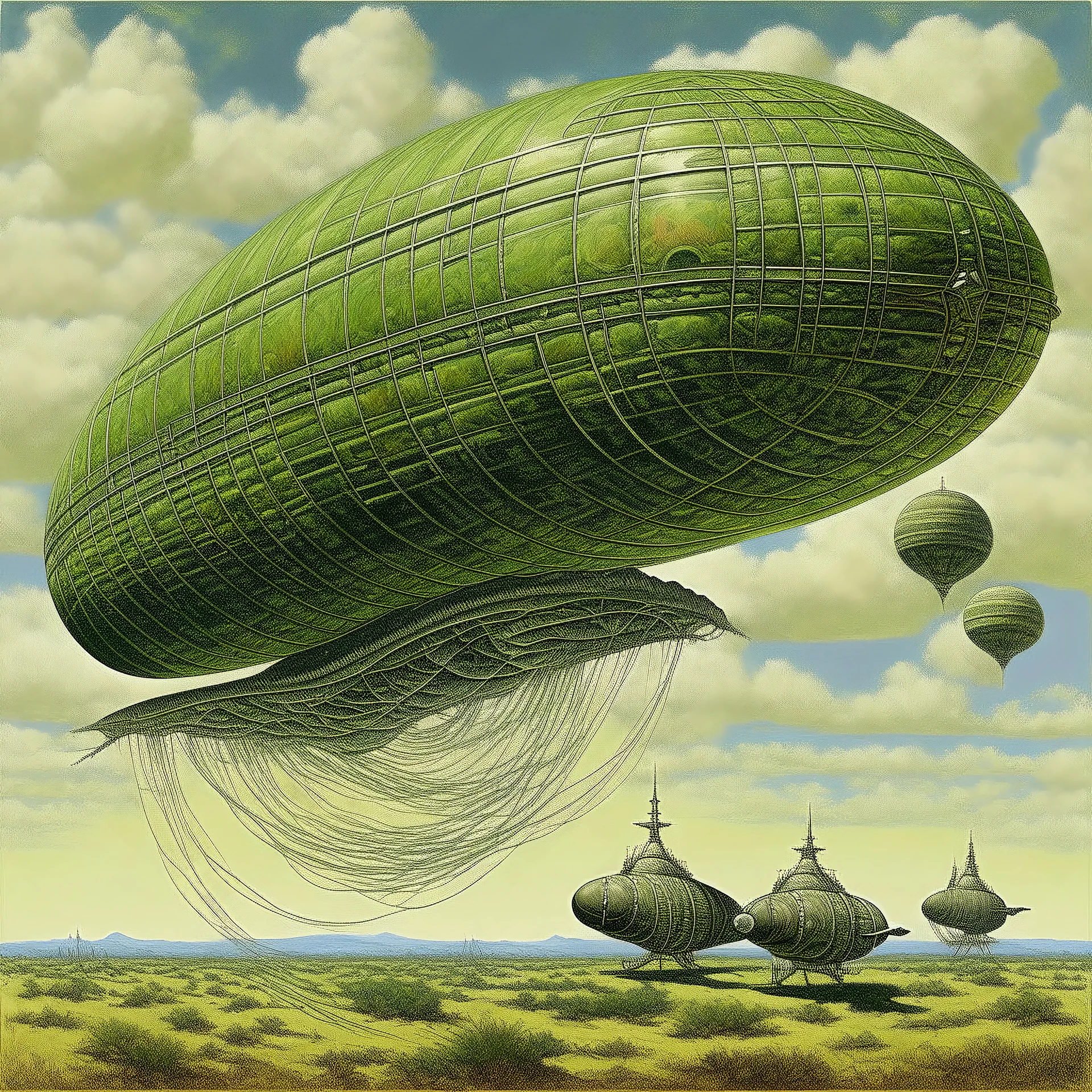 An olive green sky with airships designed in Navajo woven art painted by Claude Monet