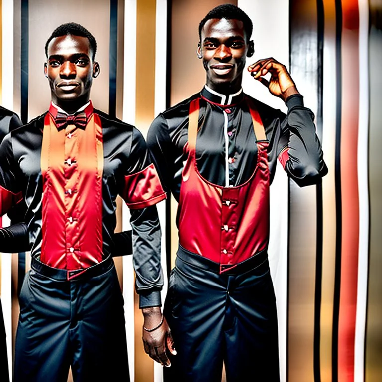 3 black waiters with red and black uniforms in luxury hall