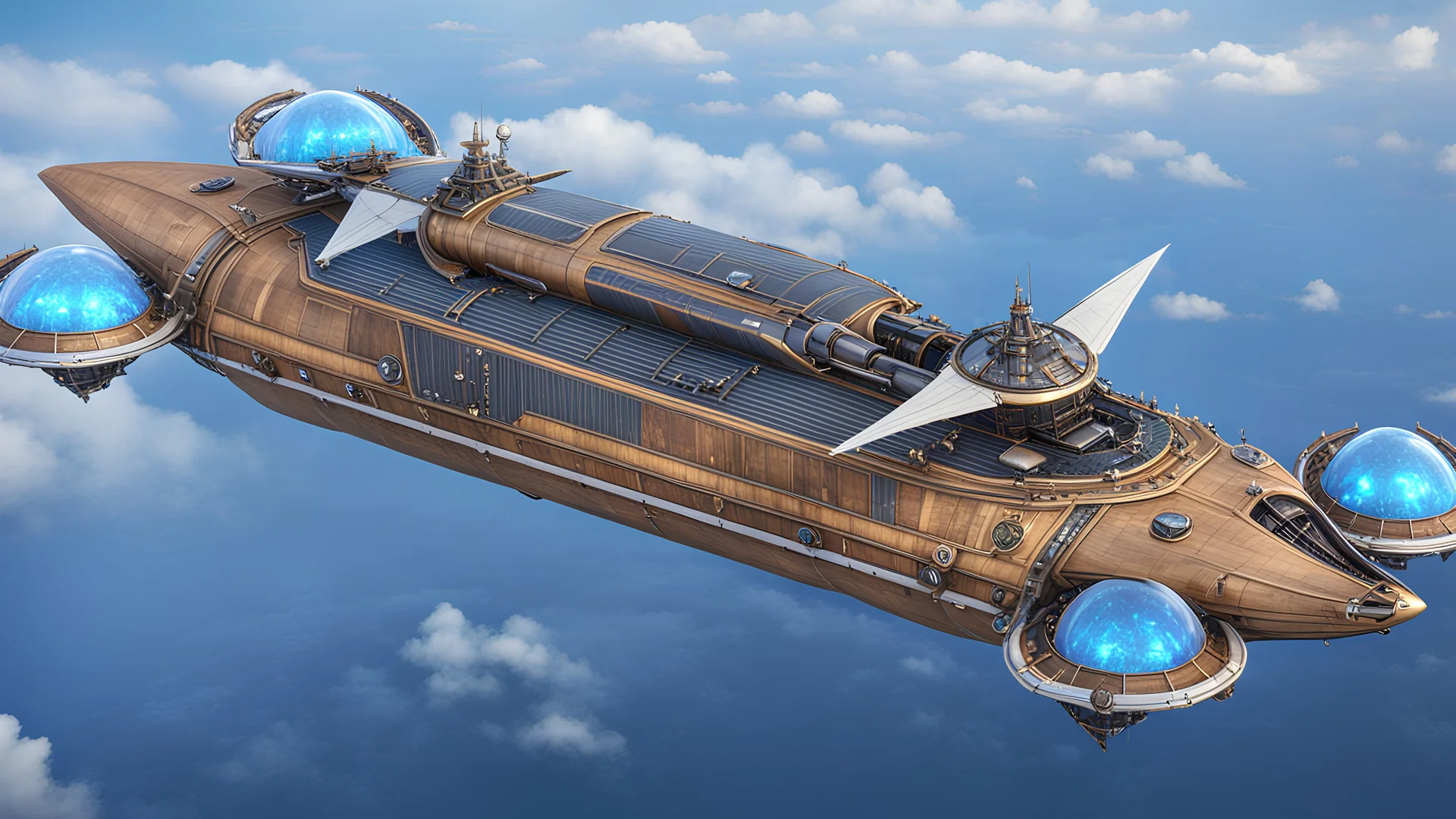 high fantasy skyship, flying Carrack, smooth hull, side view, blue crystal nacelles attached to gunwale, high resolution cgi, 4k, unreal engine 6, high detail, cinematic, concept art, thematic background, center framed