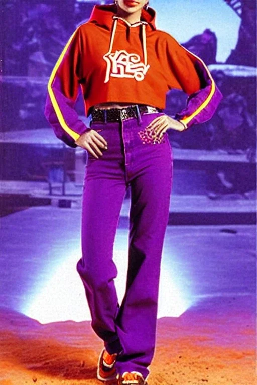 year 1999 women fashion, Techno, rave, Loose, straight, suit, low waist light trousers, t-shirt, new kind of hoodie with high tippet, which goes down along zipper! Colors: all denim colors, purple, khaki, lilac, plum, orange, terracotta, red, pink, dark blue, beige. Patterns: lynx, balls, stripes. lynx belt. starling or owl prints. Women models. Missy Elliot, Sandra Bullock, Milla Jovovich, Big tennis shoes on. Latex, denim and leather e.g. in Leg warmers.