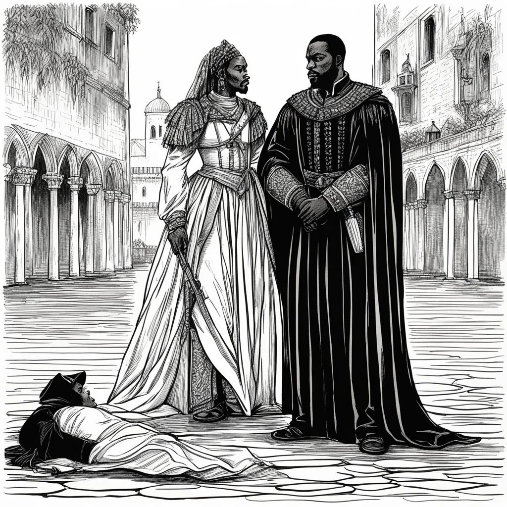 The Tragedy of Othello, the Moor of Venice, is a tragedy written by William Shakespeare. Set in Venice and Cyprus, the play depicts the Moorish military commander Othello as he is manipulated by his ensign, Iago, into suspecting his wife Desdemona of infidelity Record of Lodoss War style, Linework: Expressive, expressive black ink line art with variable stroke weights. Crisp contours define silhouettes while fine hatching adds subtle depth and form.