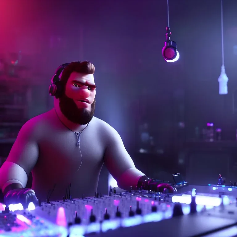 megalomaniac DJ cyborg at work in a nightclub, particles, short bearded 40 years old focused Christian Boshell with headphones. sin city style, photo-realism art, intense atmosphere, similar to a Michelangelo art direction, close-up face