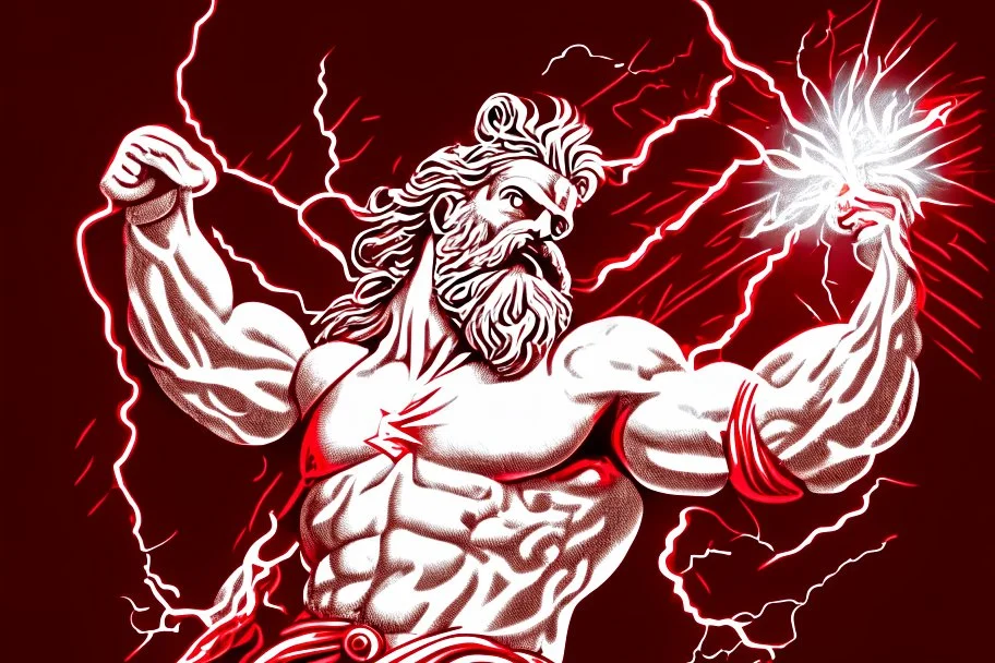 Detailed and realistic illustration of Greek god Zeus holding holding lightning. Vintage style illustration. Red and white lightning. Ultra high resolution.