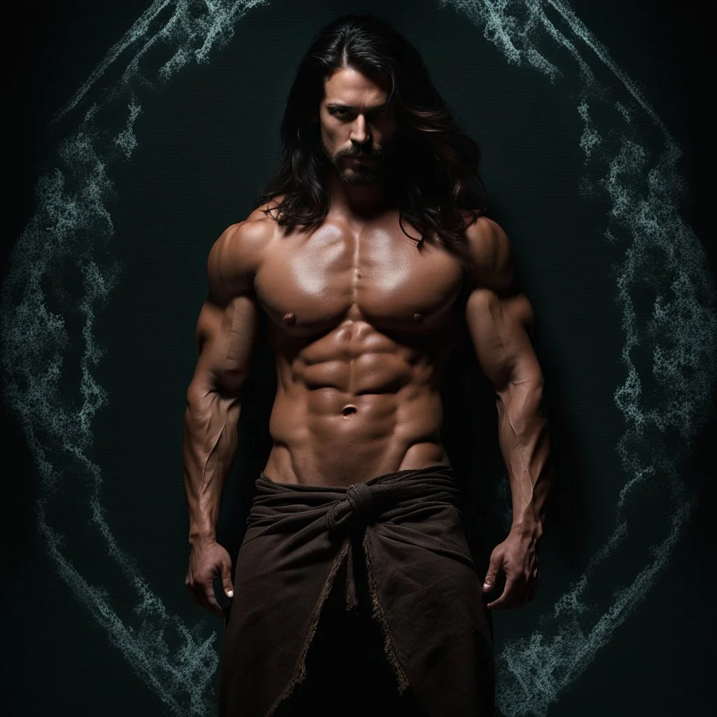 Handsome and muscular 30 year old shirtless mountain man long dark hair, goatee beard, dark fantasy, blank background